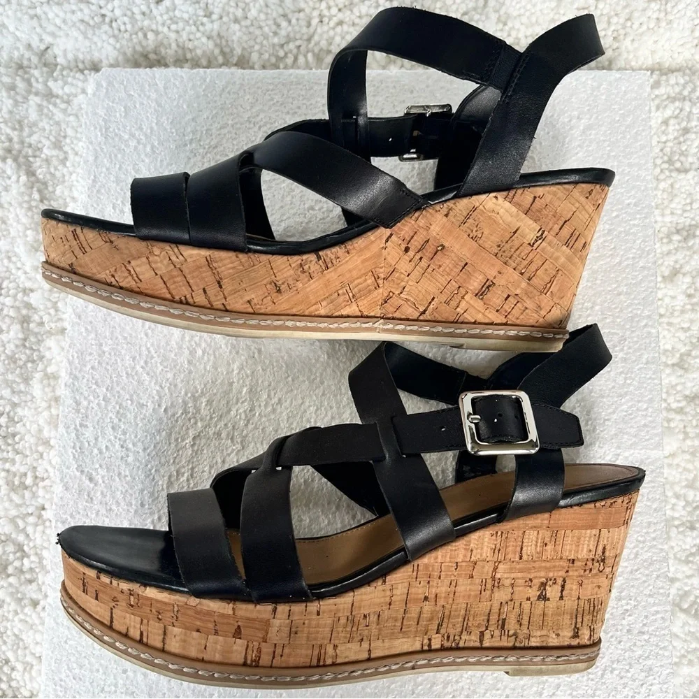 Franco Sarto Women's Leather Black and Tan Cork Strappy Wedge Sandals Size 9M